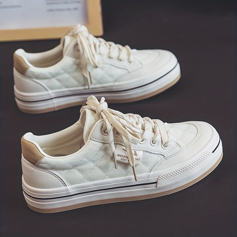 Women's Argyle Quilted Canvas Shoes Lace Up Thick Sole Board Shoes