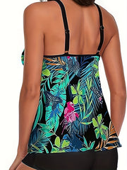Tropical Print Tankini Set Women's Plus Round Neck Tank Top & Shorts