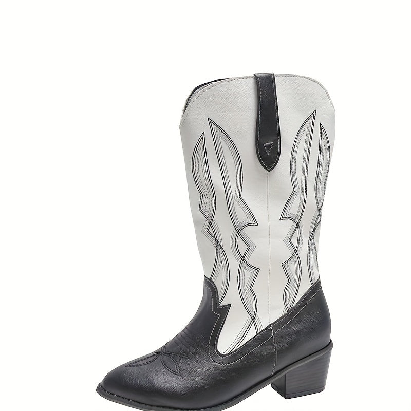 Women's Ethnic Style Embroidery Mid Calf Boots Chunky Heel Slip On Shoes