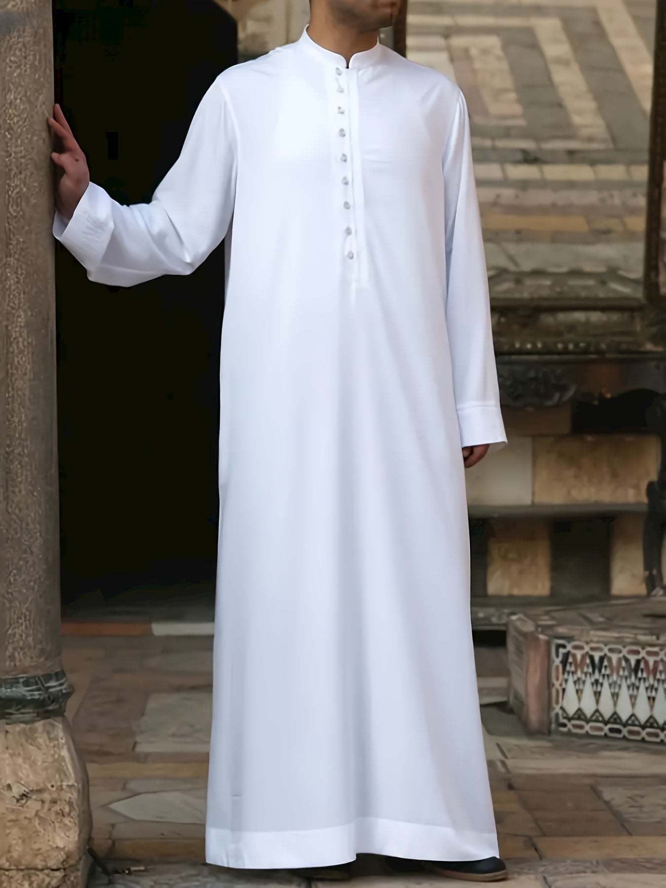 Islamic Arabic Kaftan Men Long Sleeve Solid Band Collar Muslim Clothes Vintage