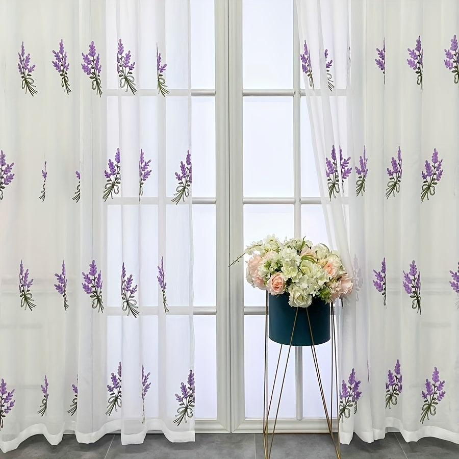 Embroidered Curtain Purple Lavender Flower Tulle Sheer Curtain