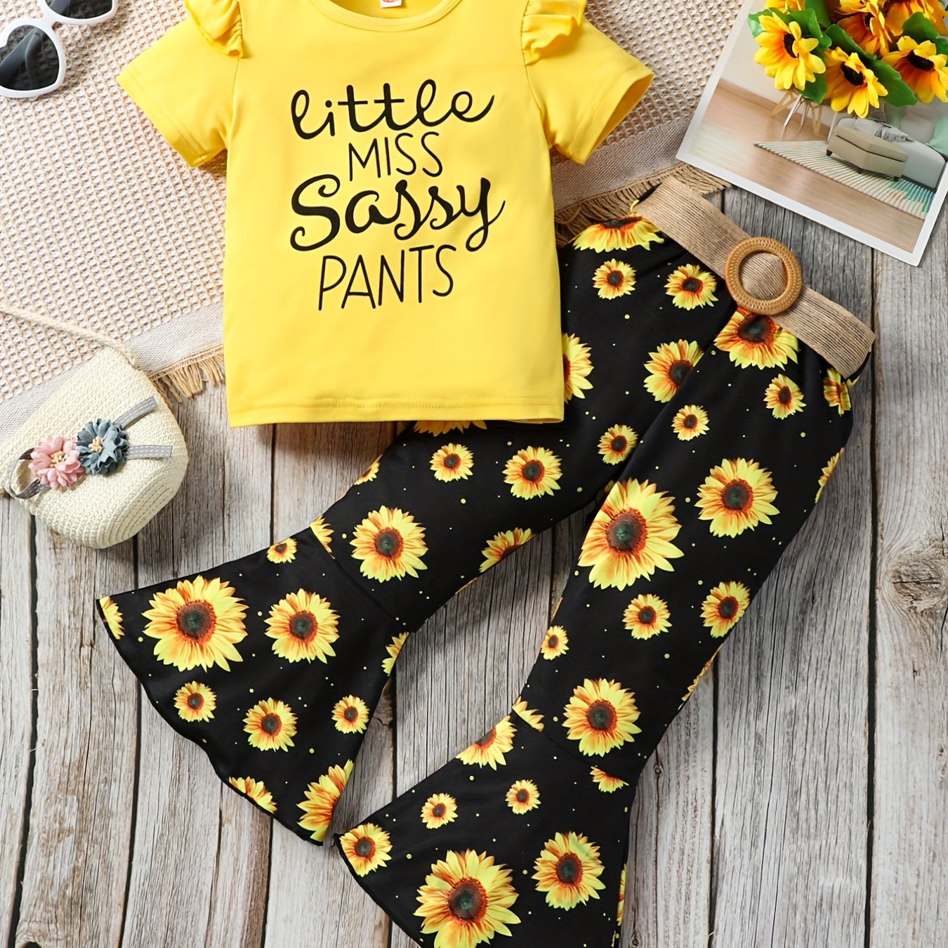 2pcs Toddler Girls LITTLE MISS SASSY Ruffle Trim T Shirt & Sunflower Pants Set