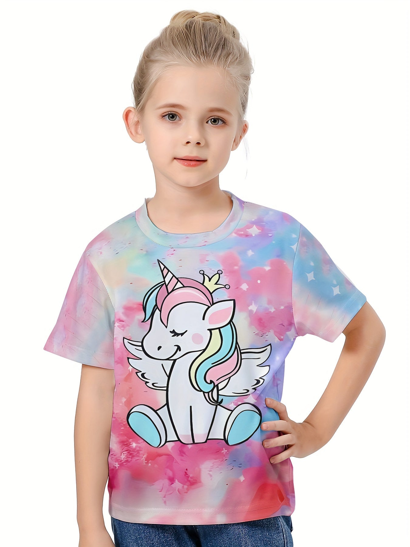 3D Tie Dye Unicorn Graphic Crew Neck T-shirt Girls Casual Tops