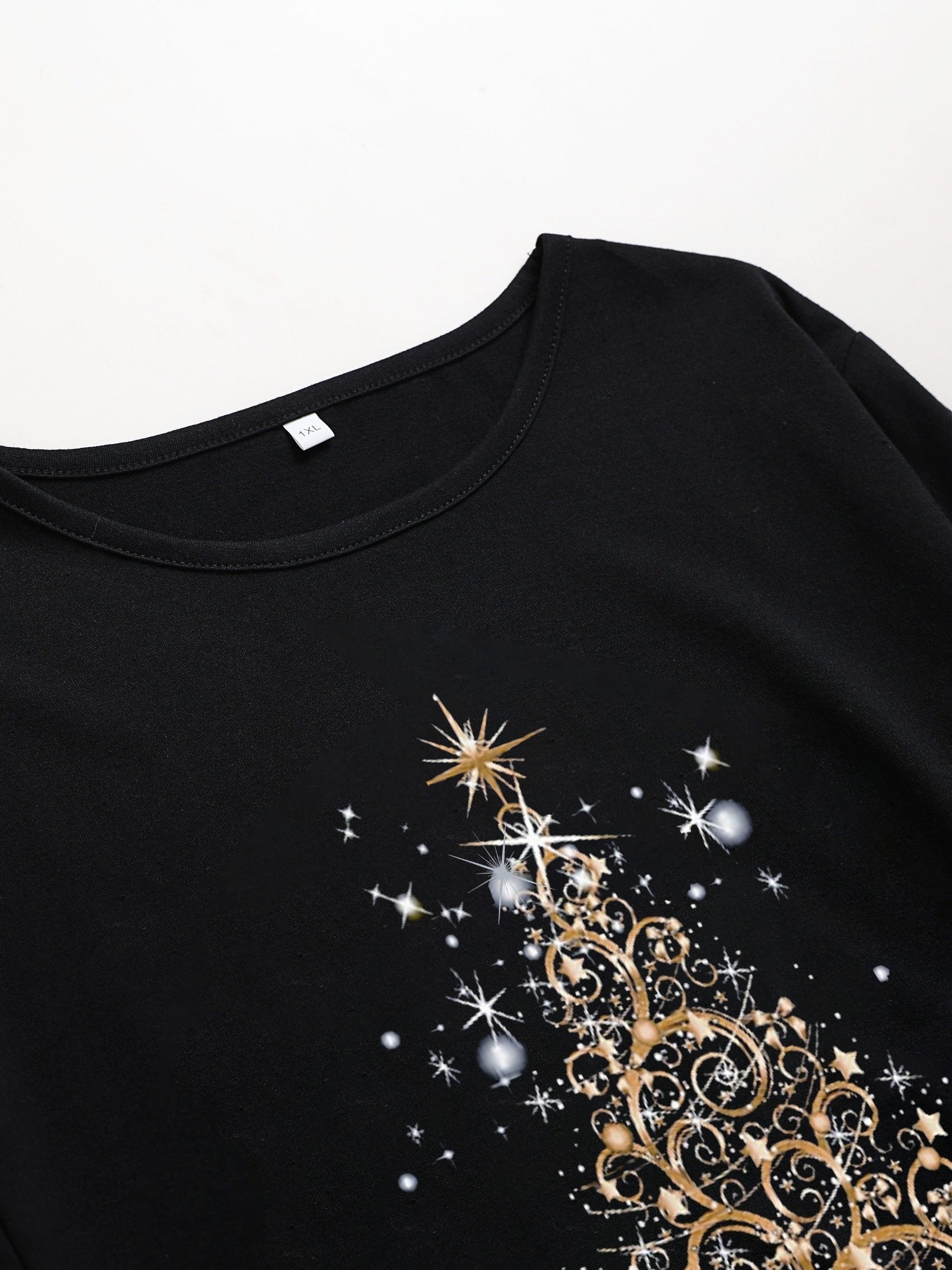 Glitter Christmas Tree Print Long Sleeve Round Neck Baggy Dress