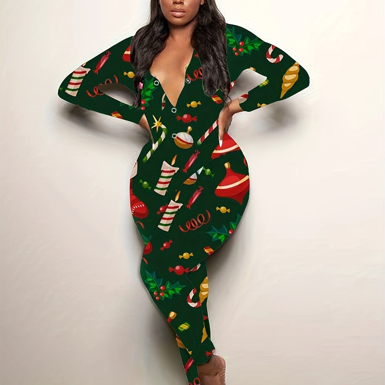 Christmas Print Lounge Jumpsuit Long Sleeve V Neck Buttons Jumpsuit