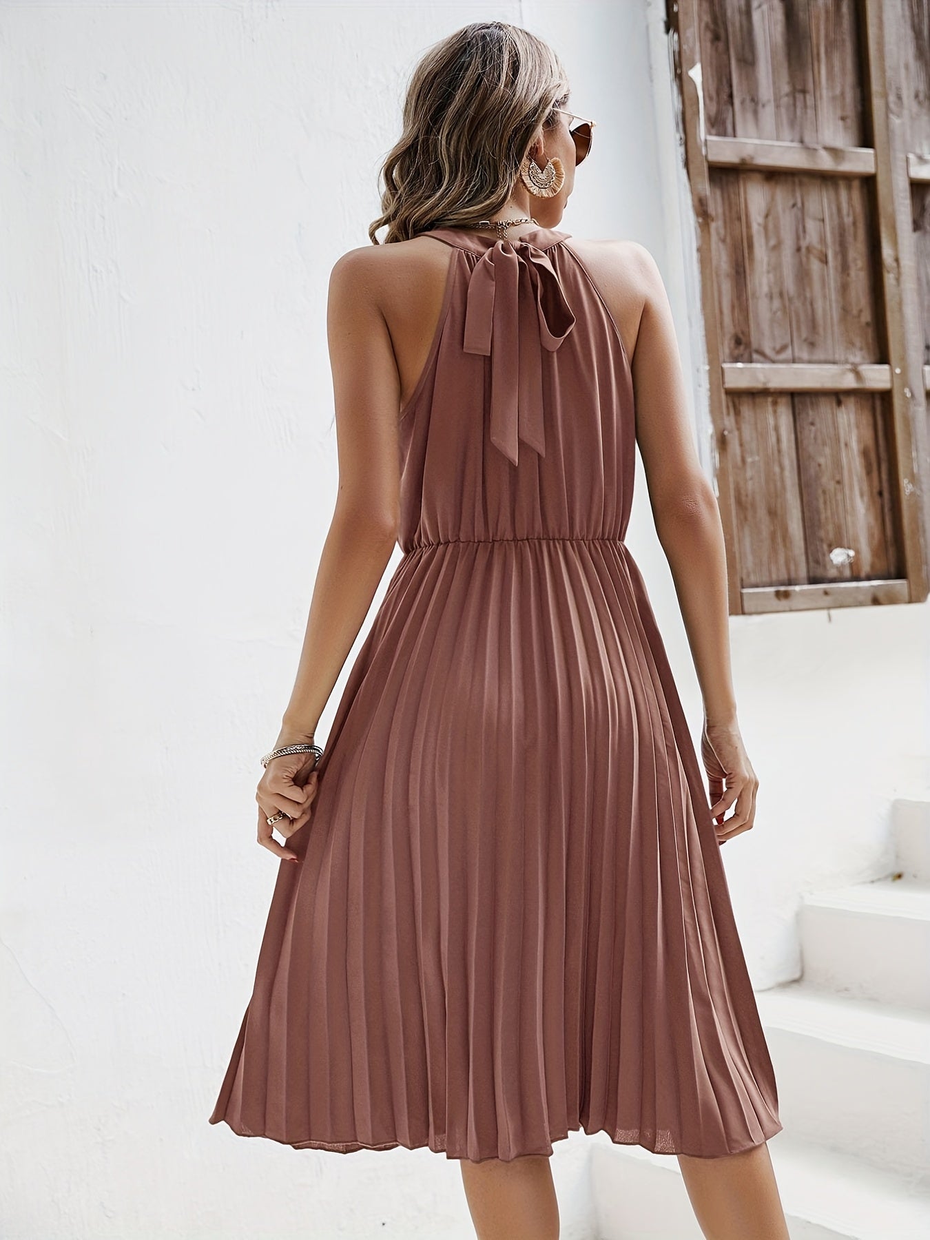 Pleated Sleeveless Dress Solid Cinched Waist Dress