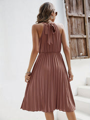 Pleated Sleeveless Dress Solid Cinched Waist Dress