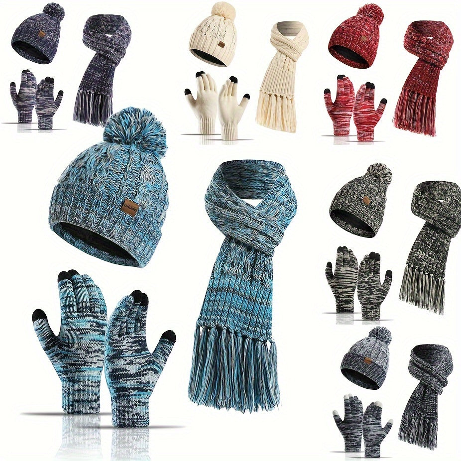 Winter Knitted Hat Scarf Set Velvet Lining Warm Beanies Pom Touch Screen Gloves