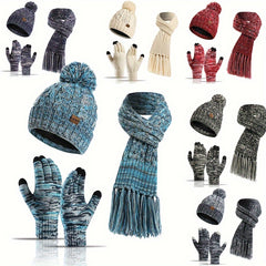 Winter Knitted Hat Scarf Set Velvet Lining Warm Beanies Pom Touch Screen Gloves
