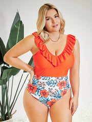 Boho Swimsuit Women's Plus Colorblock Tropical Print V Neck Ruffle Tri