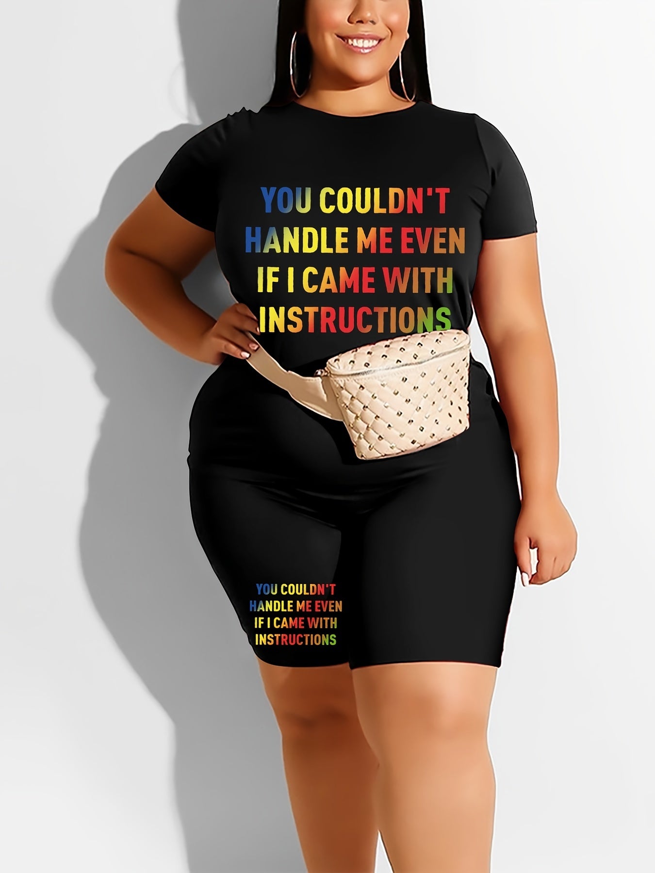Letter Print T Shirt & Shorts Set Women's High Stretch 2pcs Outfits