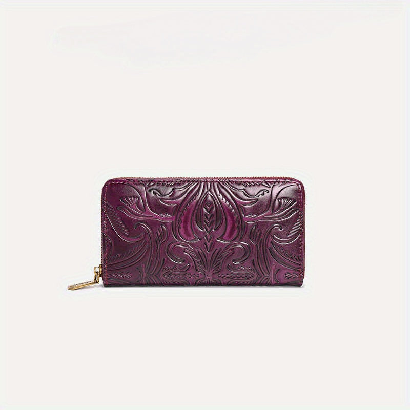Floral Embossed Leather Clutch Zipper Closure Purple Coffee Brown