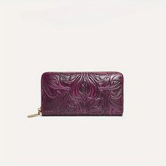 Floral Embossed Leather Clutch Zipper Closure Purple Coffee Brown
