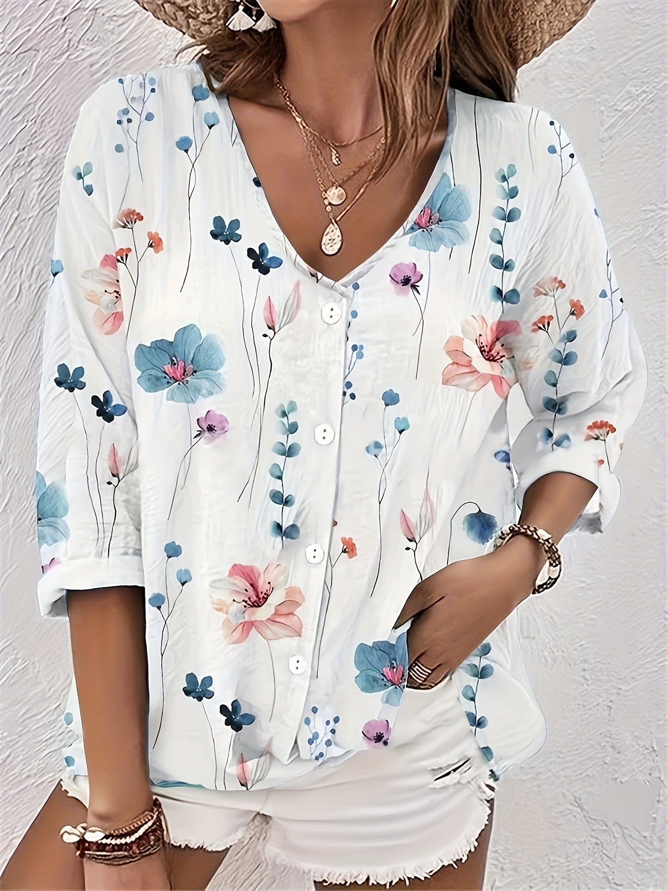 Floral Print Button Up V Neck Top Plus Size