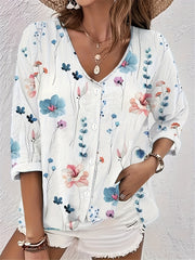 Floral Print Button Up V Neck Top Plus Size