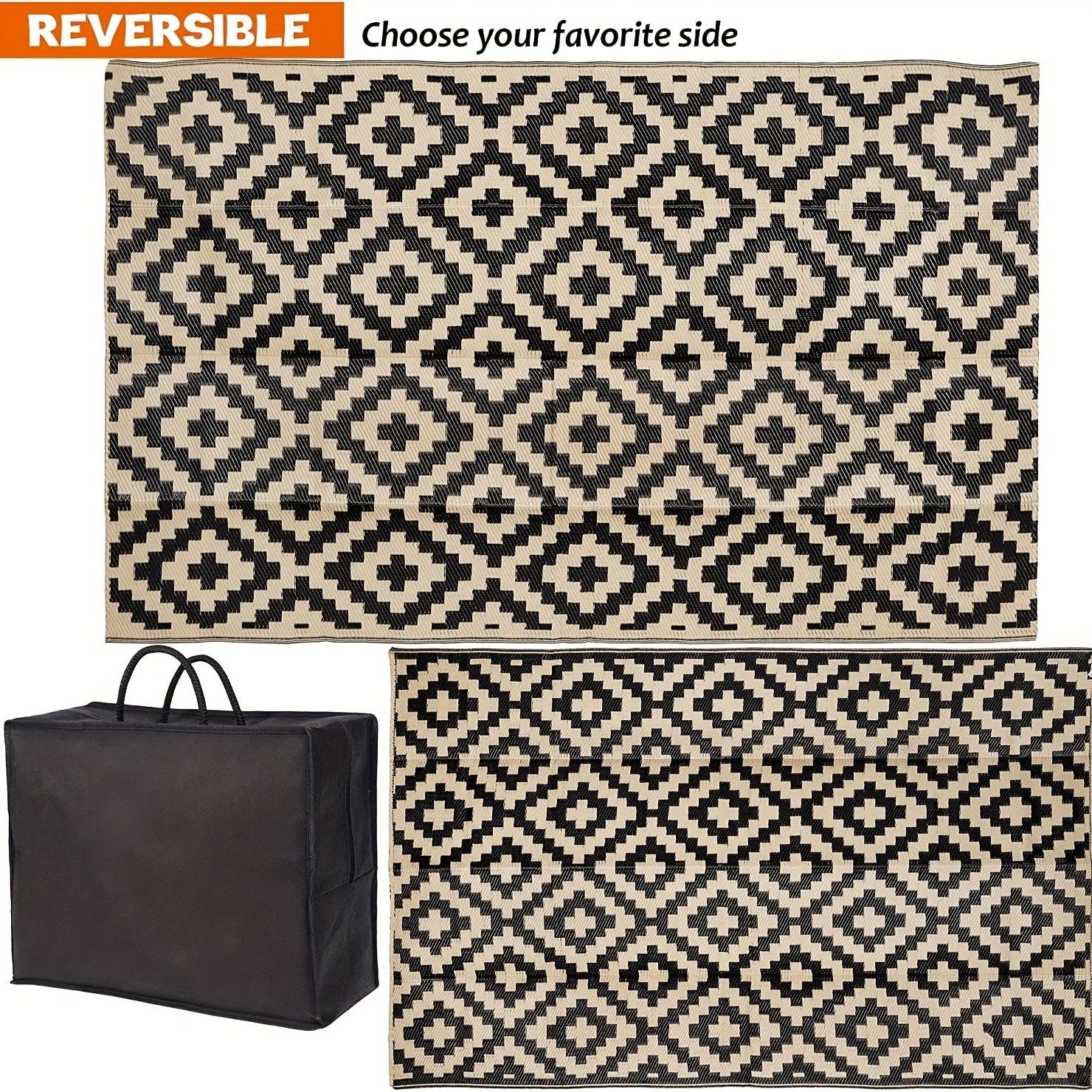 Beige Plaid Outdoor Rug Mat - Reversible Patio Rug