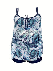 Leaf Print Tankini Set Crew Neck Tie Front Cami Top & Shorts Two Piece