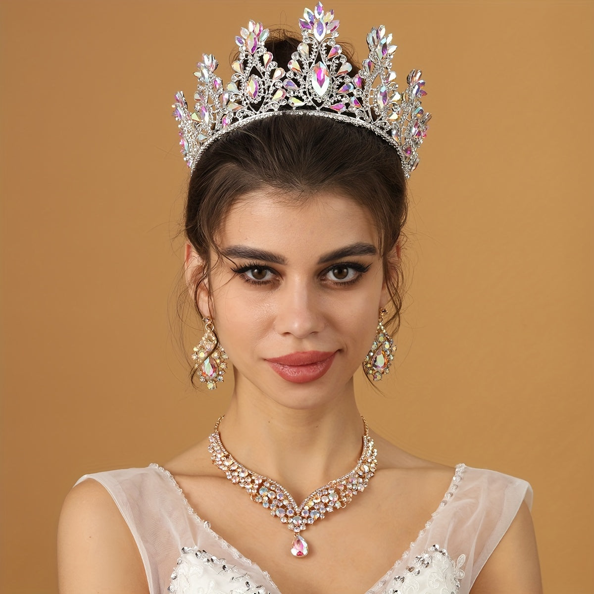 3pcs Bridal Crown Necklace Earrings Set Rhinestone Crystal Queen Crown Jewelry