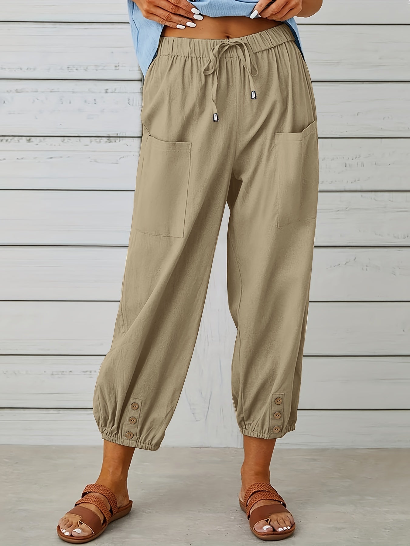 Solid Drawstring Cropped Pants Casual Elastic Waist Pants