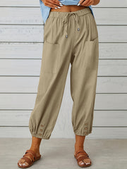 Solid Drawstring Cropped Pants Casual Elastic Waist Pants