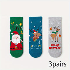3 Pairs Christmas Elk Kids Socks Autumn Winter Cartoon Warmth Students Socks
