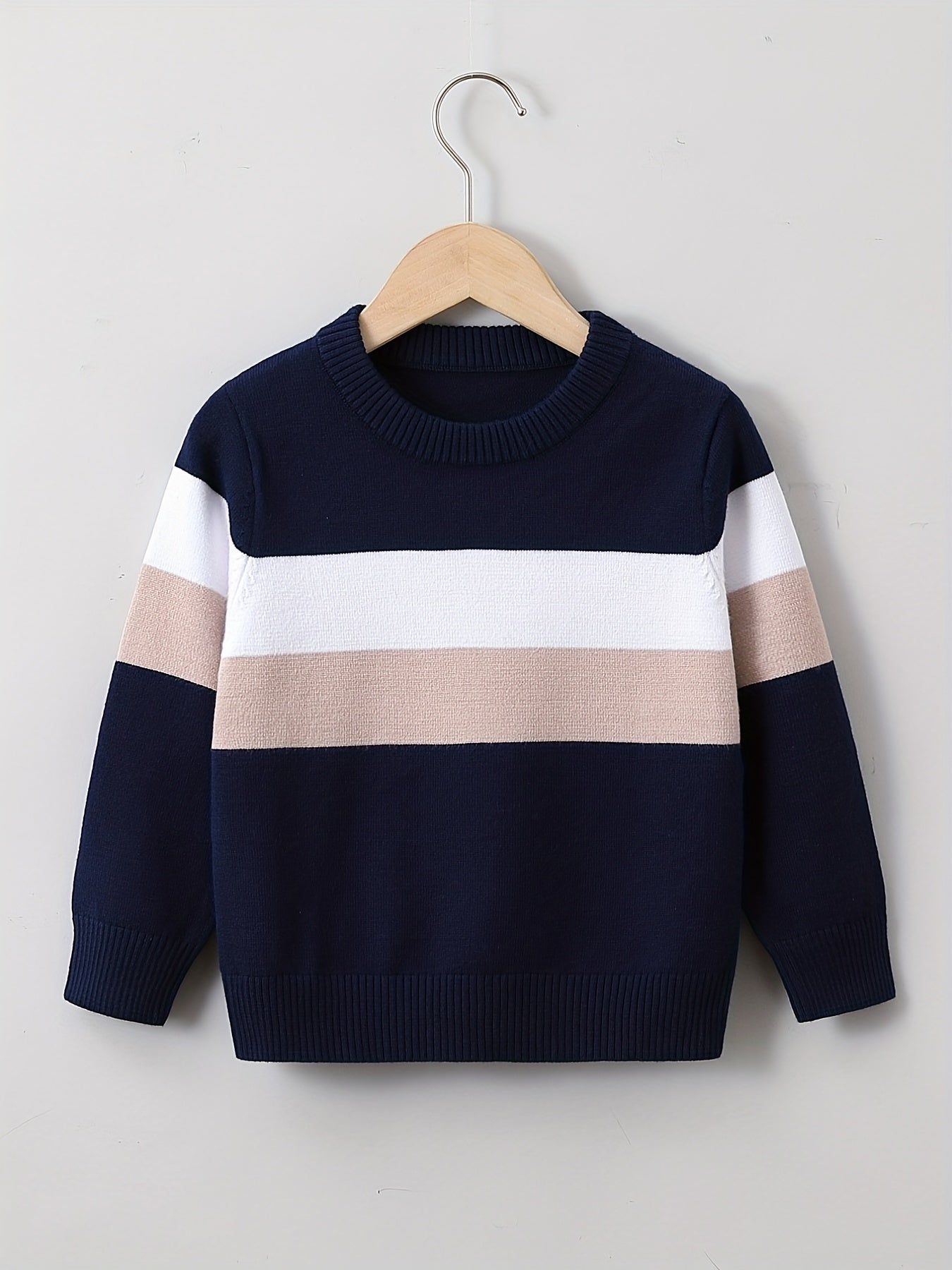 Boys Block Sweater Round Neck Long Sleeve Knit Pullover Top