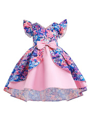 Girls Ruffled Sleeves Princess Dress Flowers Print Bow Decor