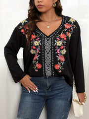 Boho Blouse Women's Plus Floral & Geometric Print V Neck Top
