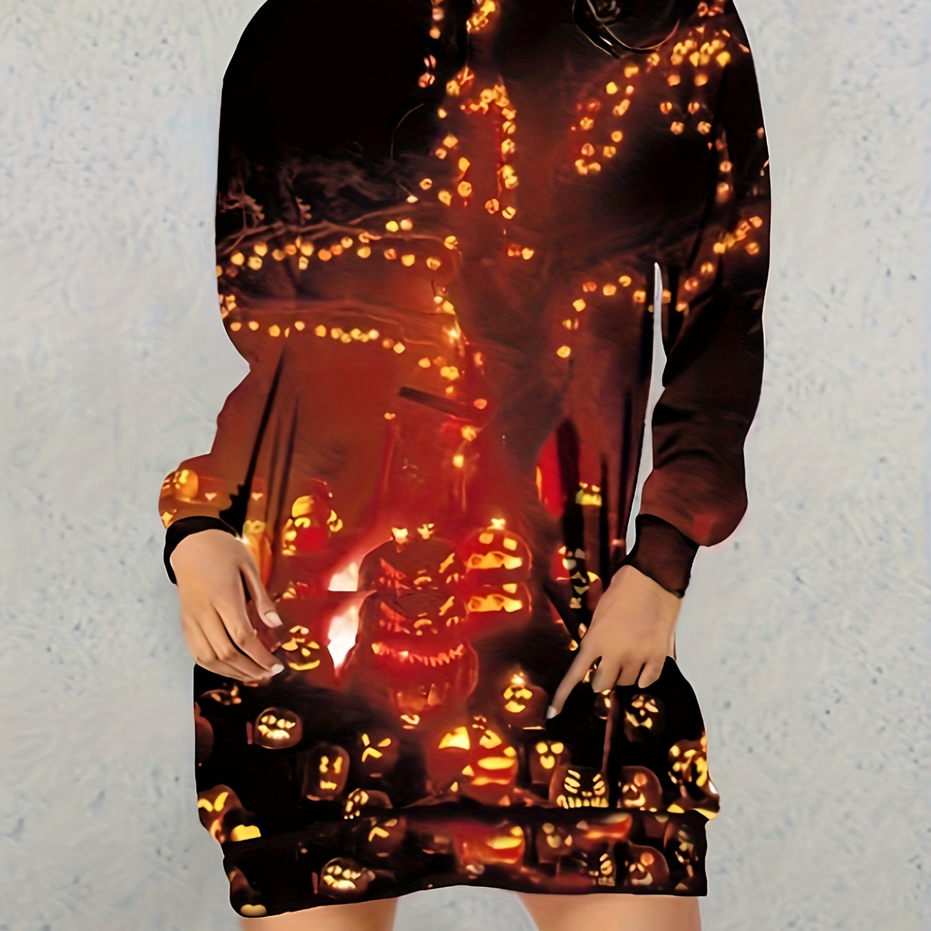 Halloween Casual Dress Women's Plus Graphic Print Long Sleeve Mini Hoo