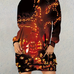 Halloween Casual Dress Women's Plus Graphic Print Long Sleeve Mini Hoo
