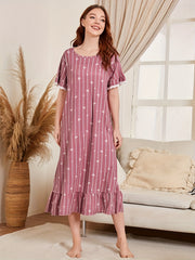 Heart Pattern Striped Nightdress Short Sleeve Ruffle Sleep Dress Women
