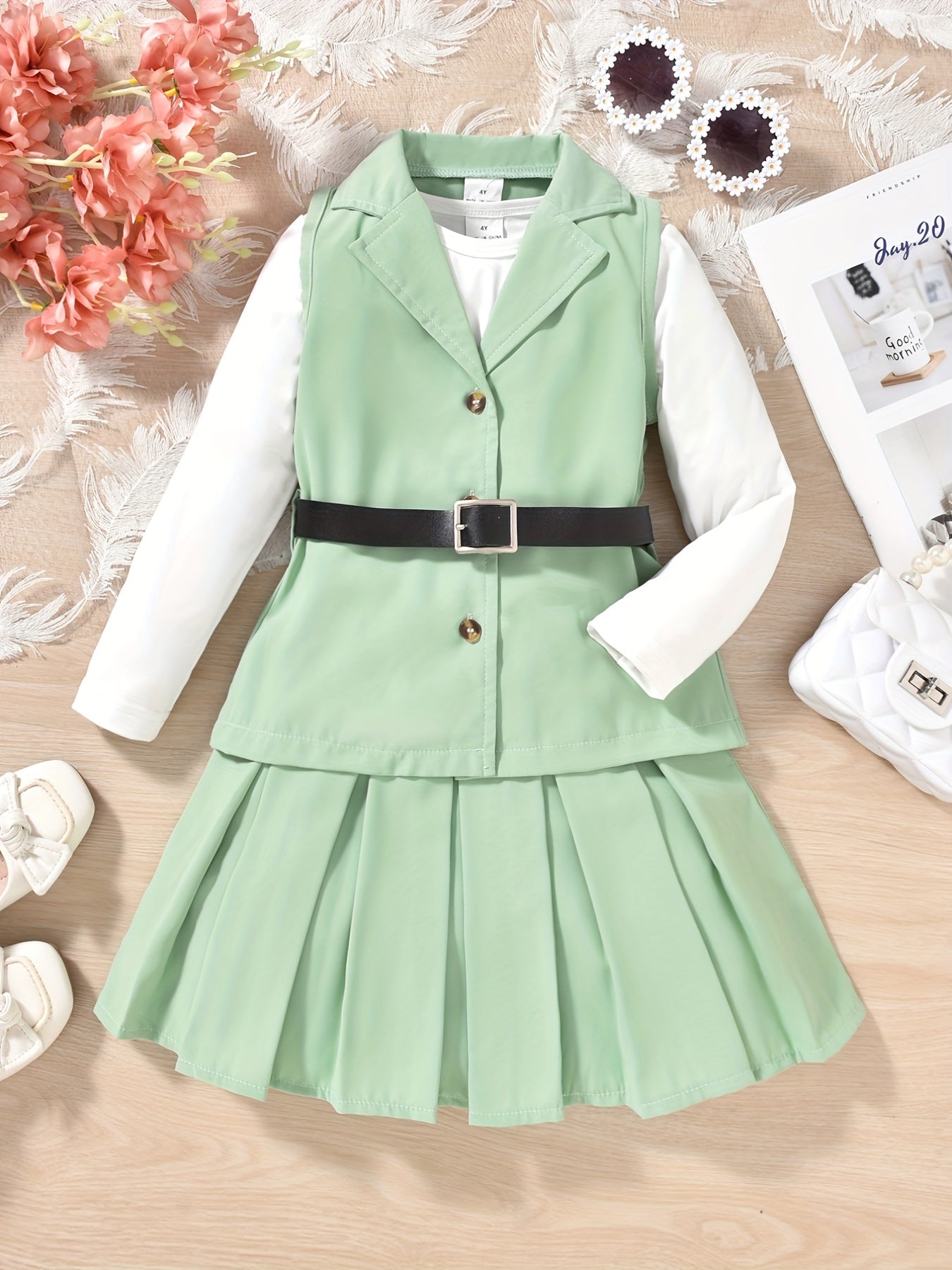 Girl's Preppy Style 3pcs Belted Vest Set
