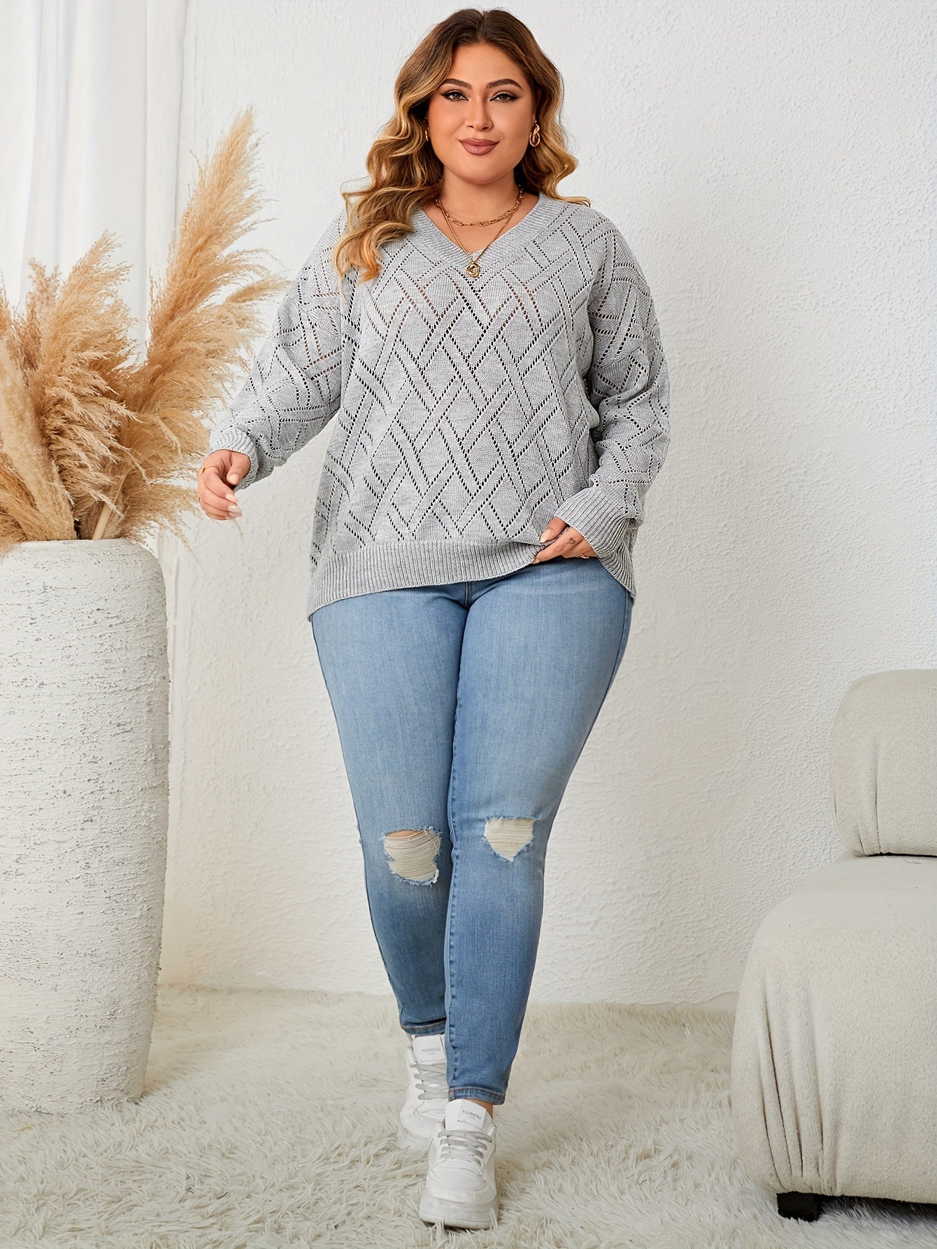 V Neck Solid Knit Long Sleeve Sweater