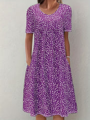 Boho Floral Print Dual Pockets Dress Short Sleeve Women's