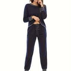 Striped Print Lounge Set Long Sleeve Crew Neck Top & Lace Up Pants