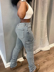 High Waist Cargo Pants Ruched Slim Fit Denim Jeans