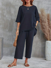 Casual 2pc Set Crew Neck Tee & Wide Leg Pants Women's Clothing