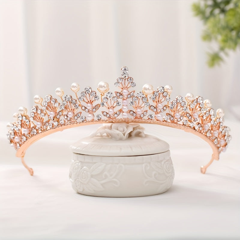 Golden Rhinestone Faux Pearl Wedding Crown Headband Bridal Tiara