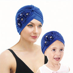 2pcs Flower Decor Turban Cap Bowknot Head Wrap Hijab Cap