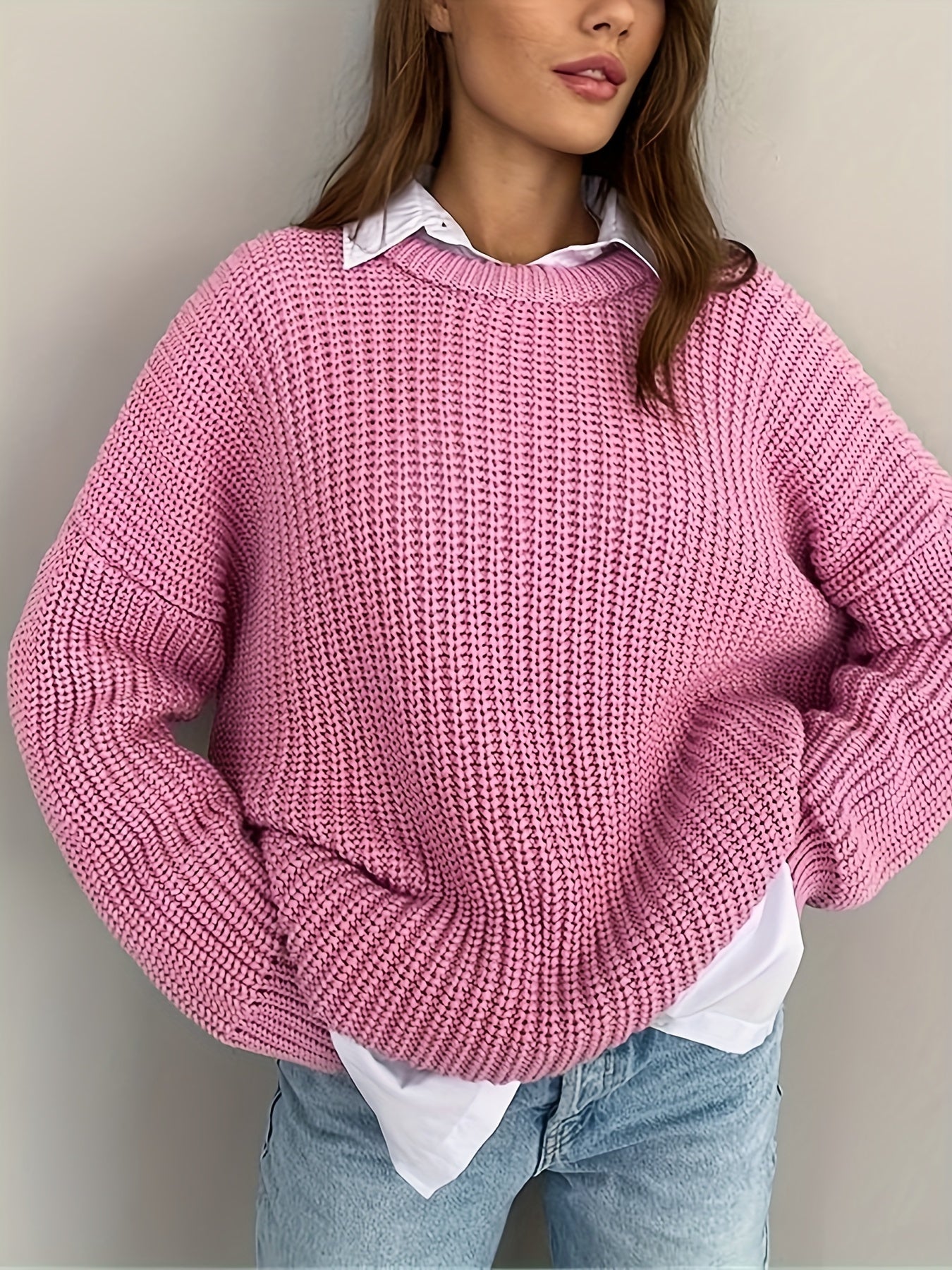 Solid Color Casual Sweater with Long Sleeves