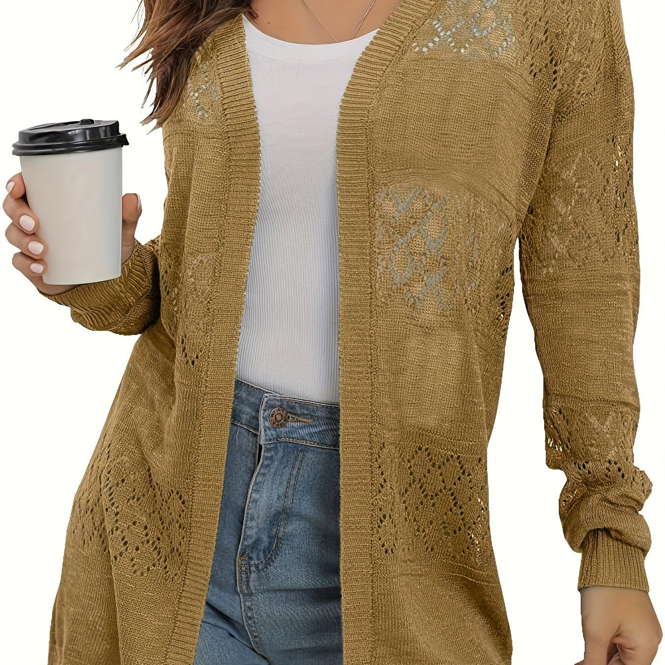 Casual Cardigan Women's Plus Eyelet Detail Lantern Sleeve Open Front