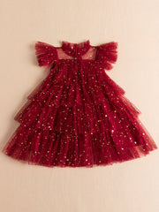 Star Sequin Tutu Dress Girls Tunic Flying Sleeve Dress For Party