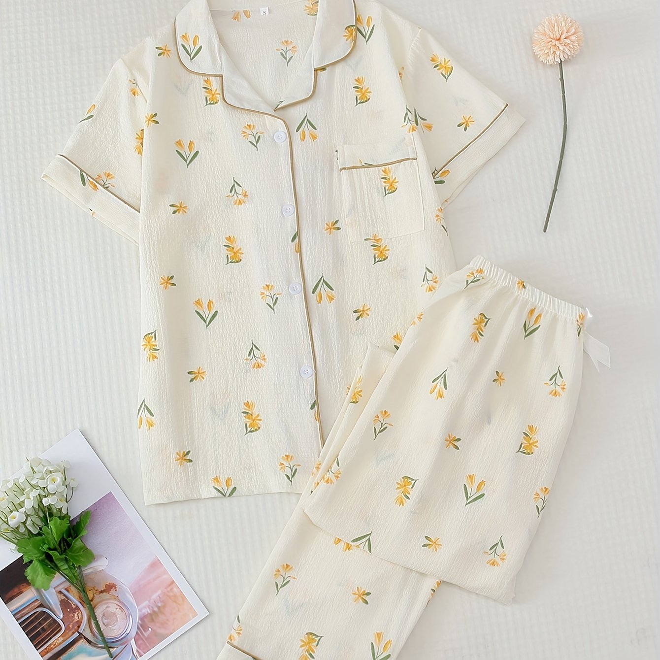 Floral Print Pajama Set Short Sleeve Top & Elastic Waistband Pants
