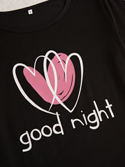 Heart Print Pajama Set Crew Neck Top & Shorts & Plaid Pants