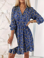 Women's Plus Ditsy Print Ruffle Trim Lantern Sleeve Smock Dress