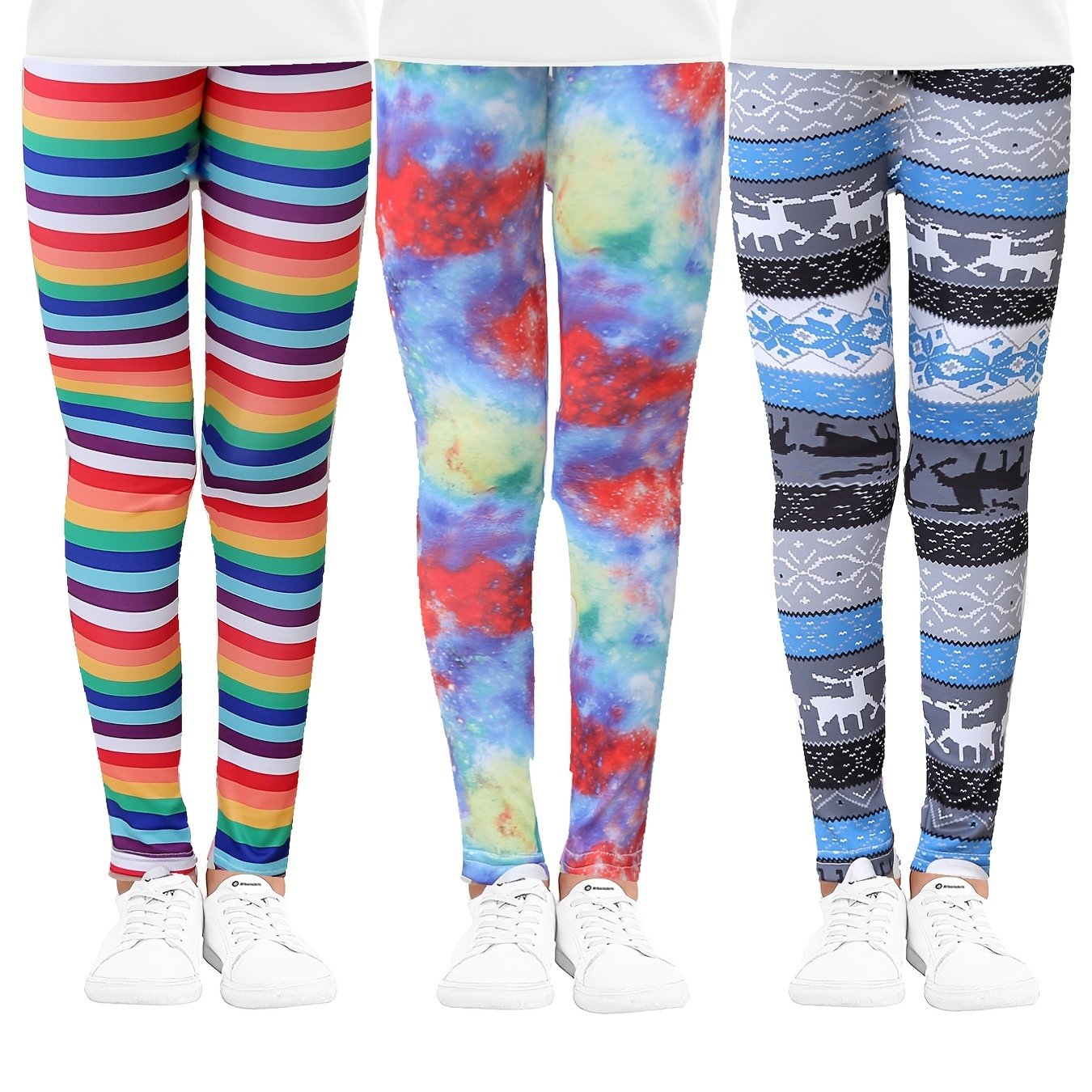 Toddler Girls Rainbow Striped Tie Dye & Elk Snowflake Leggings Set