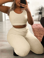 Fuzzy Lounge Set Warm Tank Crop Top & Elastic Waistband Pants