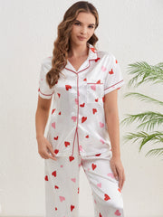 Heart Print Pajama Set Short Sleeve Buttons Top & Elastic Waistband Pants