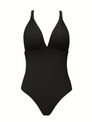V Neck Knot Criss Cross One Piece Swimsuit Solid High Cut Ring Link Bathing Suit