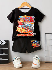 Boys Car Graphic Outfit Short Sleeves Round Neck T shirt & Shorts